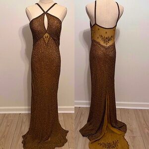 Vintage 100% Silk Beaded Dress Gold Beaded Dress Train Sheer Silk Fairy Prom